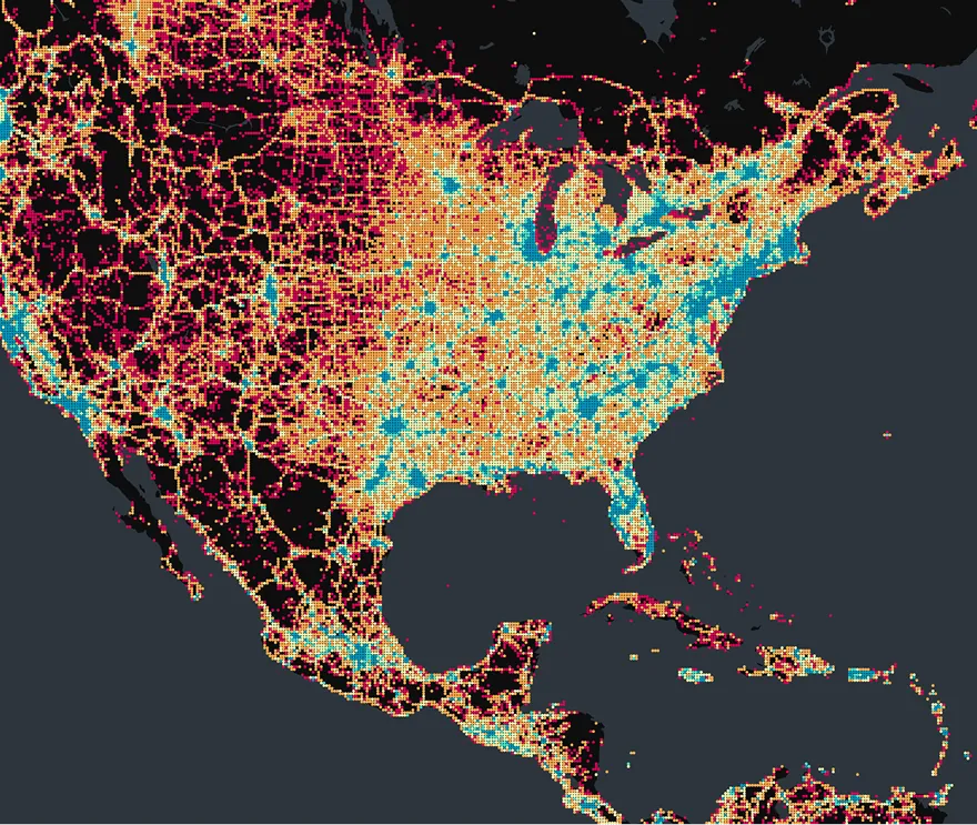 US map depicting a cell tower aggregation tileset