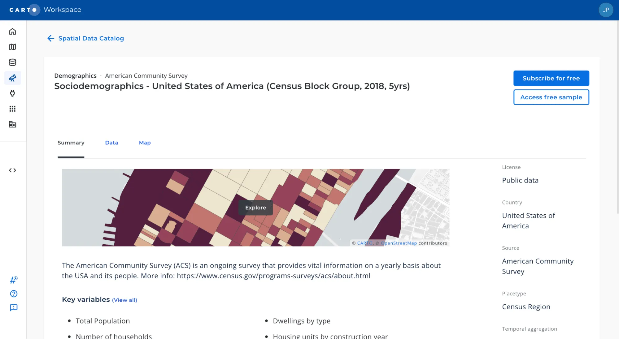 Screenshot of the Spatial Data Catalog view within CARTO Workspace