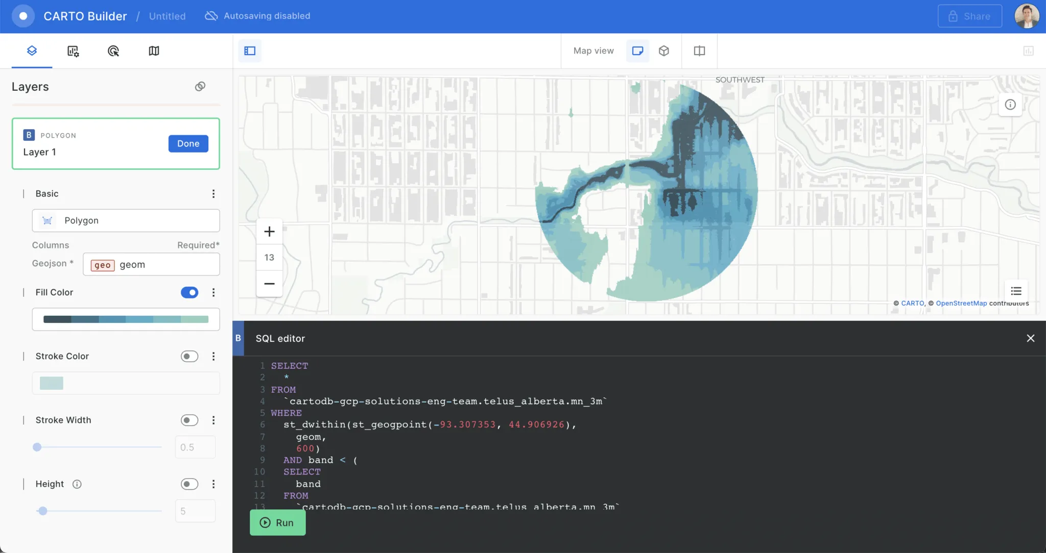 screenshot of CARTO builder map using spatial sql editor