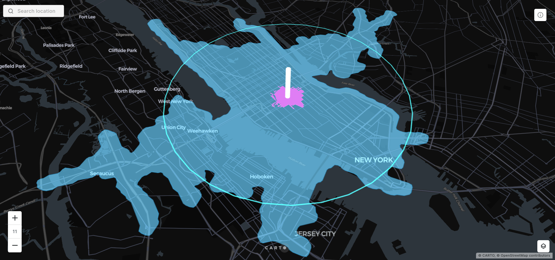 A 3D screenshot of a map showing both a fixed-ring buffer and isolines