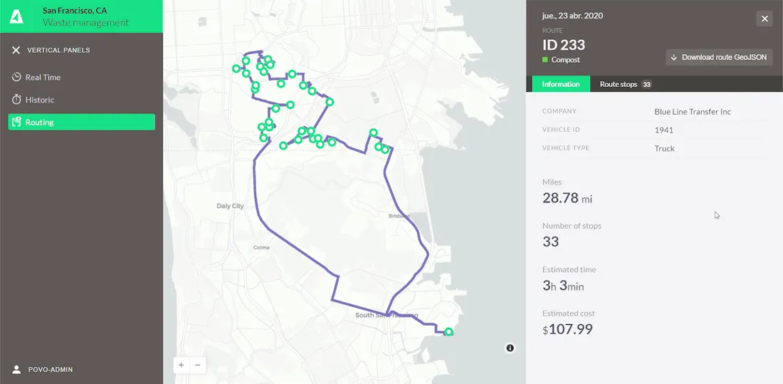 Screenshot of route optimization dashboard in Dedalo Cities