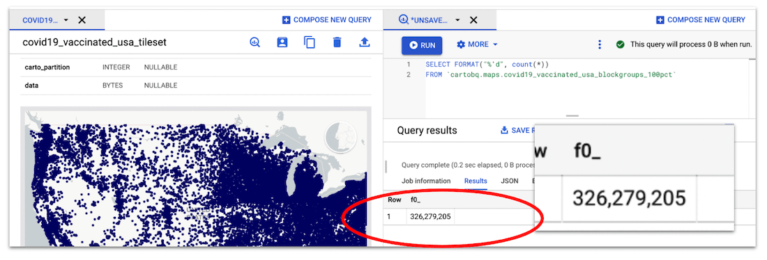 Screenshot showing BigQuery's user interface with CARTO Chrome extension
