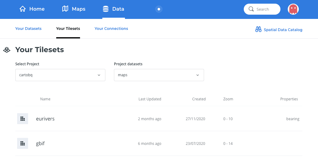 Screenshot showing tilesets view within the CARTO dashboard
