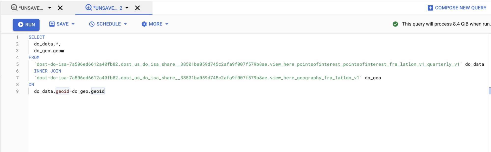 Screenshot of BigQuery console with query