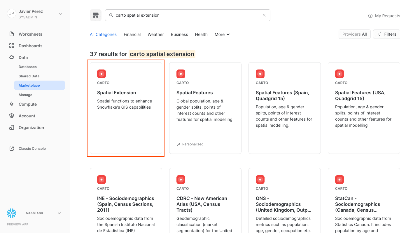 Screenshot of the Spatial Extension on the Snowflake Data Marketplace