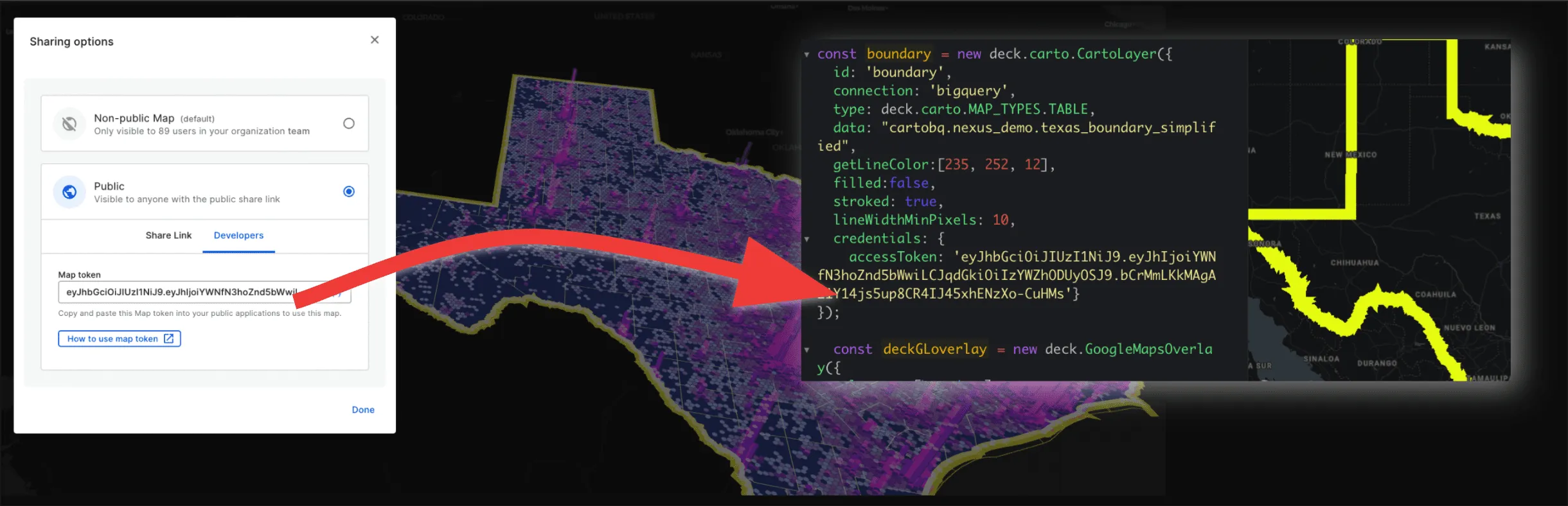 Screenshot showing how to quickly visualize BigQuery data in CARTO