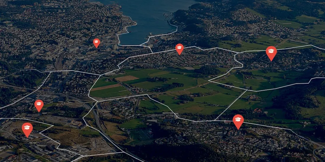 Aerial photograph of a representation of school boundaries
