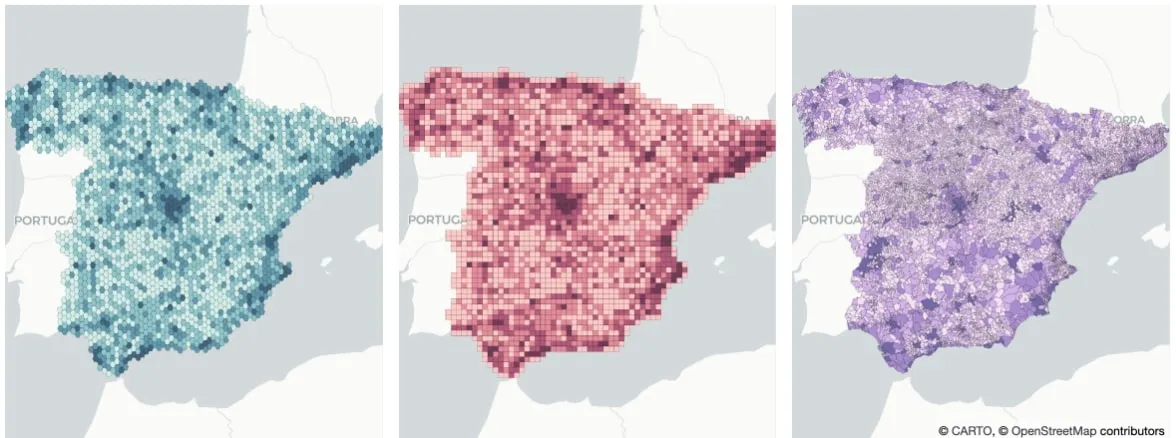 Figure 15: Spatial aggregation methods  H3 (left)  Quadkey (middle) and natural (right)