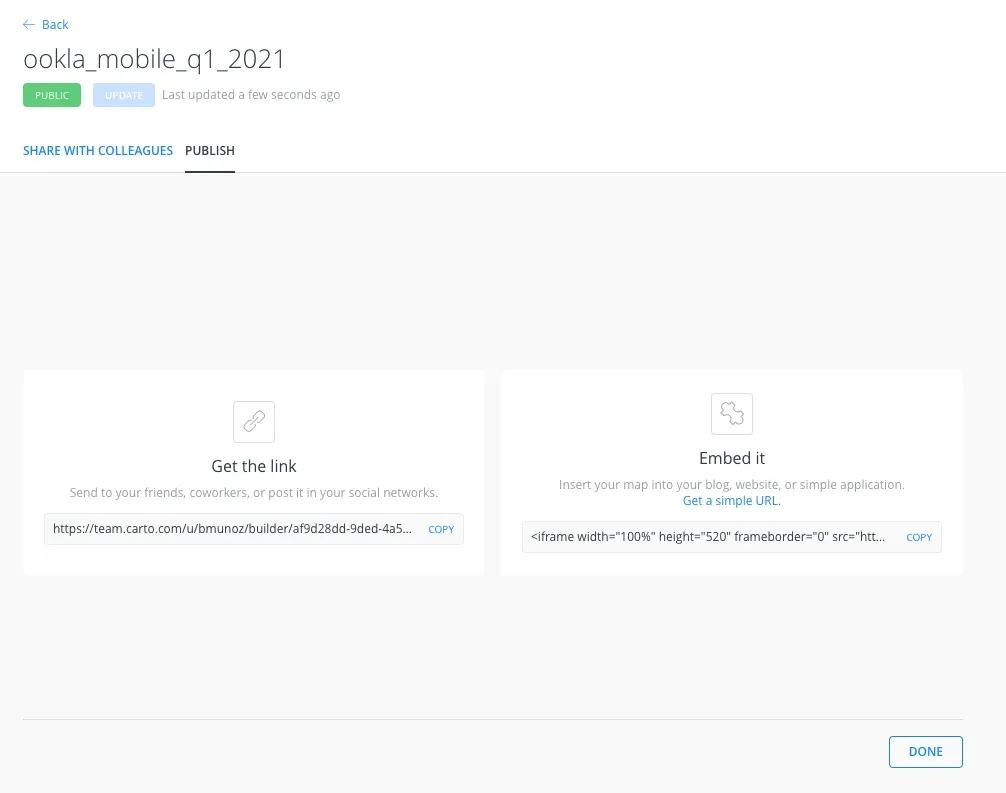 A screenshot showing options to publish the created map