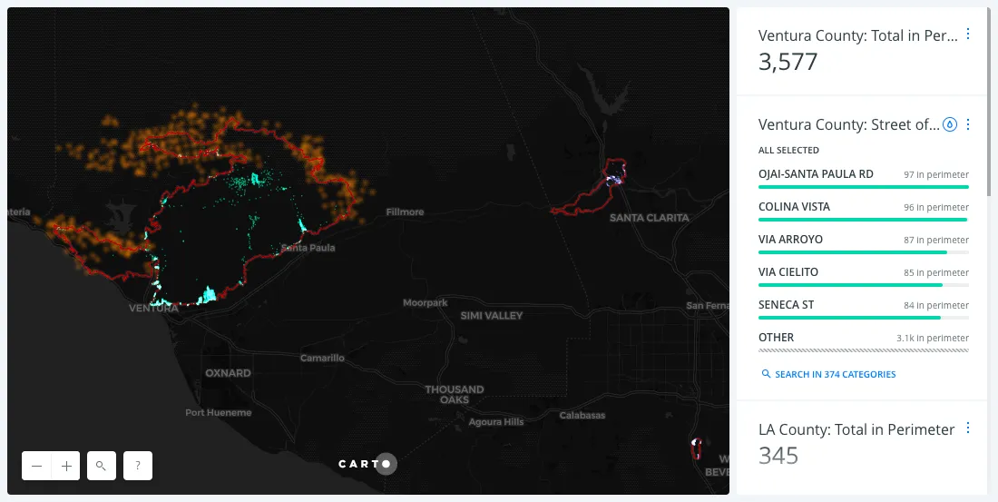 Real-time updated map of addresses inside LA wildfires perimeter