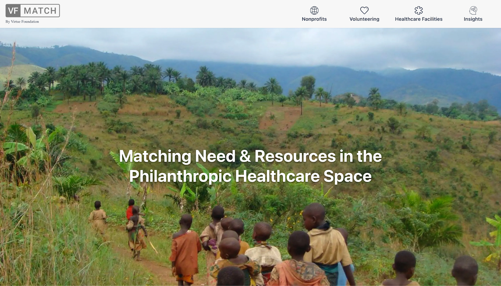 The homepage of VFMatch.org, displaying the title "Matching Need & Resources in the Philanthropic Healthcare Space."