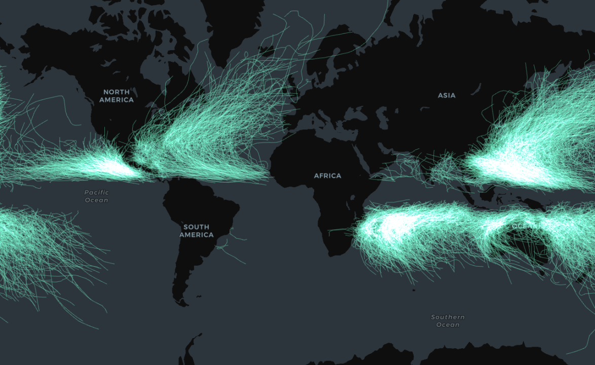 A map showing hurricanes as green lines