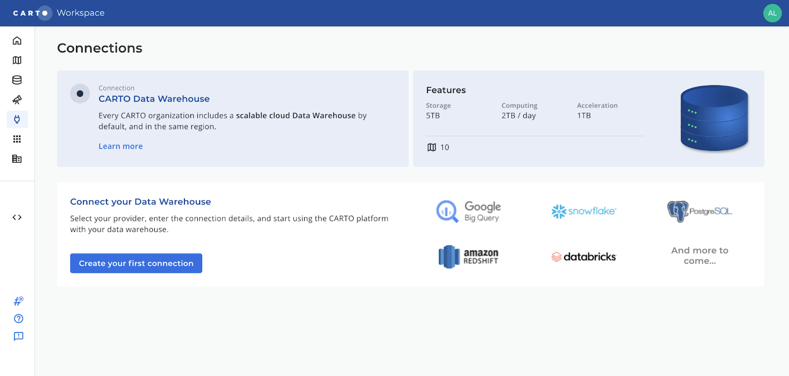 A screenshot of the CARTO workspace connections tab, showing statistics about the CARTO Data Warehouse.