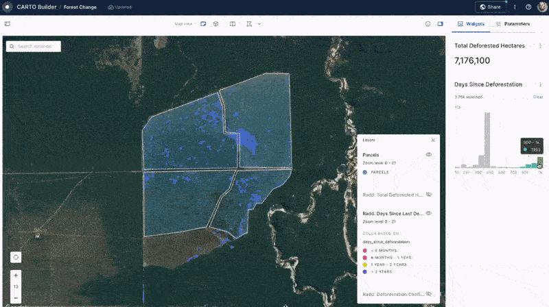 A gif showing analysis with the CARTO platform for EUDR compliance