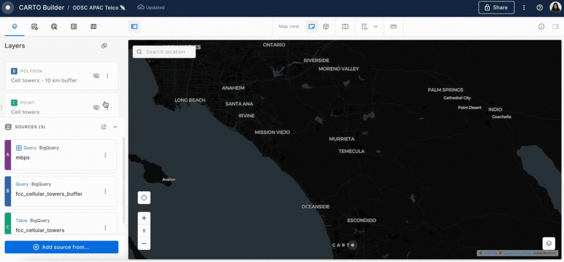Preview of the different data sources on CARTO Builder