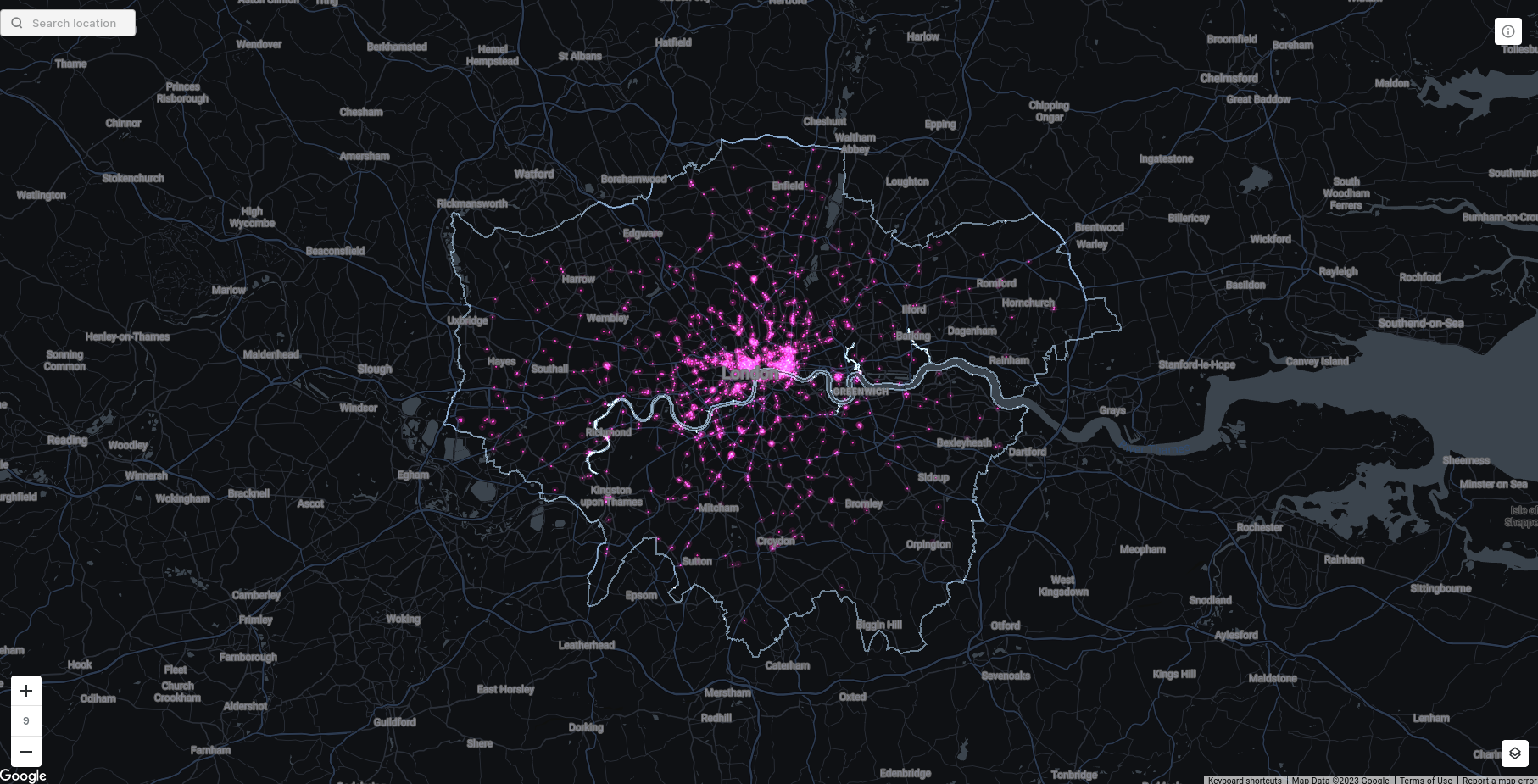 A map showing the locations of brunch spots in London.
