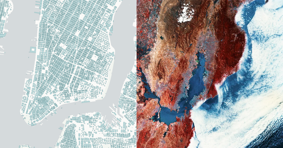 Two maps depicting vector vs raster data. The map on the left shows vector data and the distinct, discrete outlines of buildings. The map on the right shows raster data, which is pixel based and shows a continuous gradient between red and blue tones.