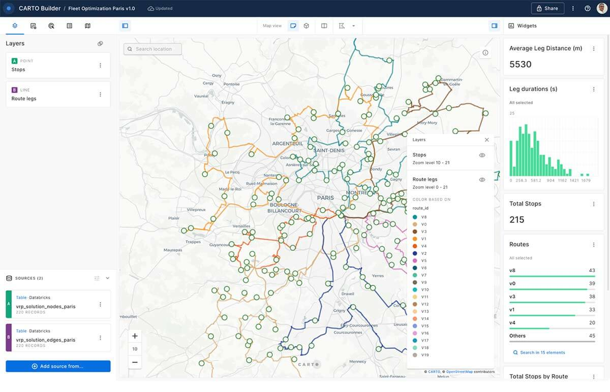 A map showing routes depicted in different colors