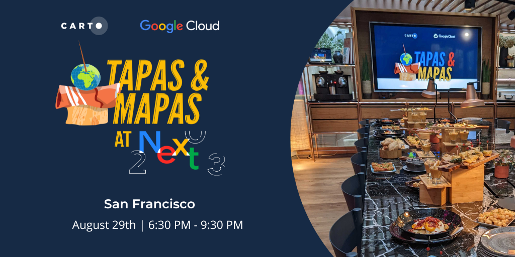 A graphic promoting Tapas & Mapas including a photo of a table with tapas on it, and Google & CARTO logos