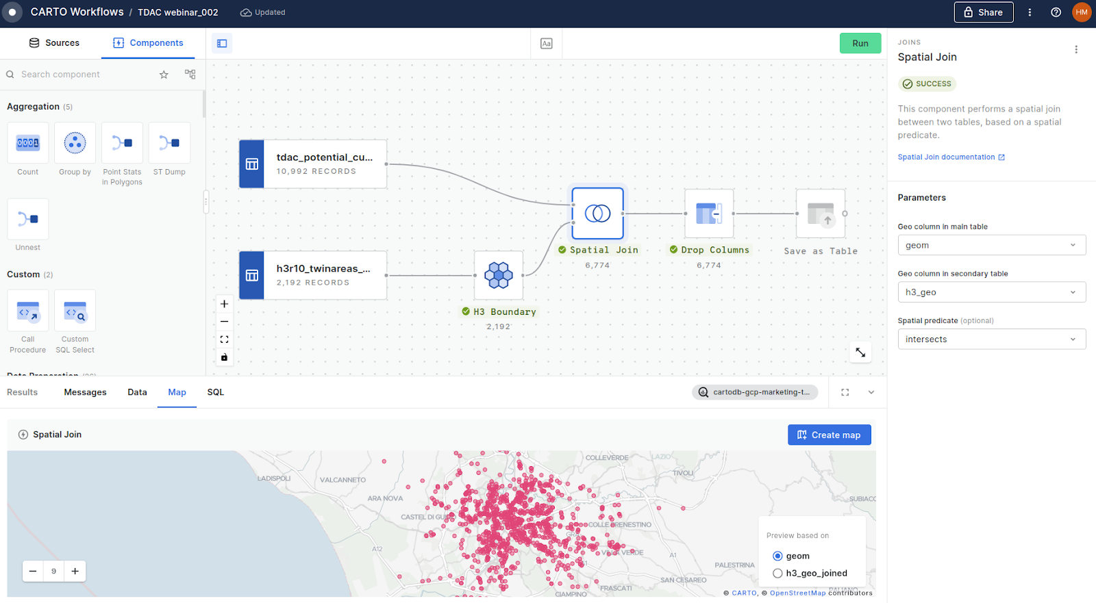 A screenshot of CARTO Workflows with a map preview