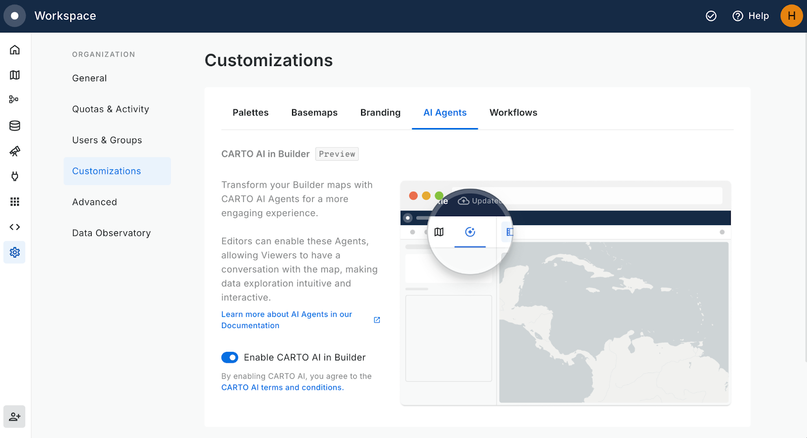 A screenshot of enabling AI Agents in the CARTO Workspace