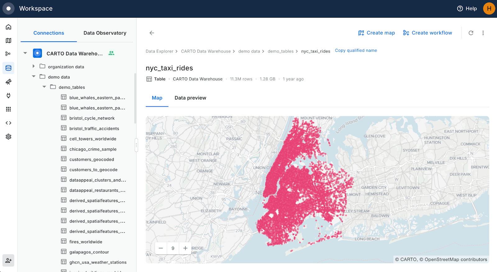 A screenshot of the CARTO Workspace