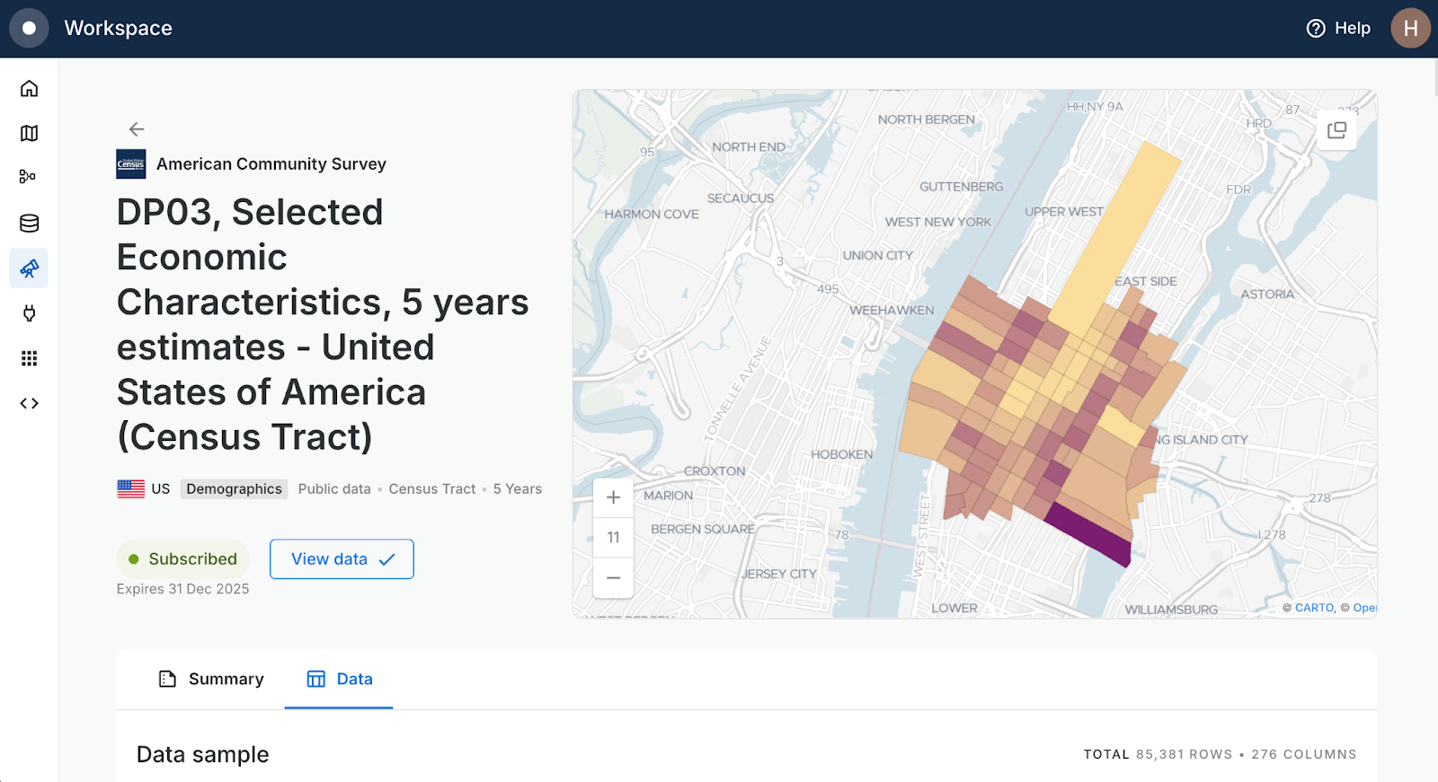 A screenshot of the CARTO Workspace