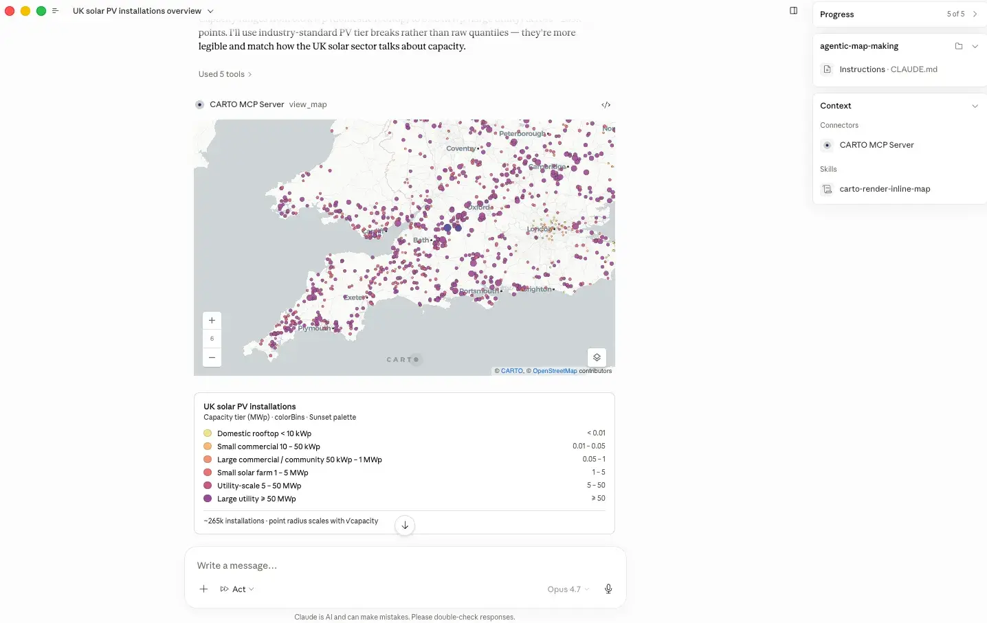 Inline map rendered by the CARTO MCP Server’s view_map tool inside Claude