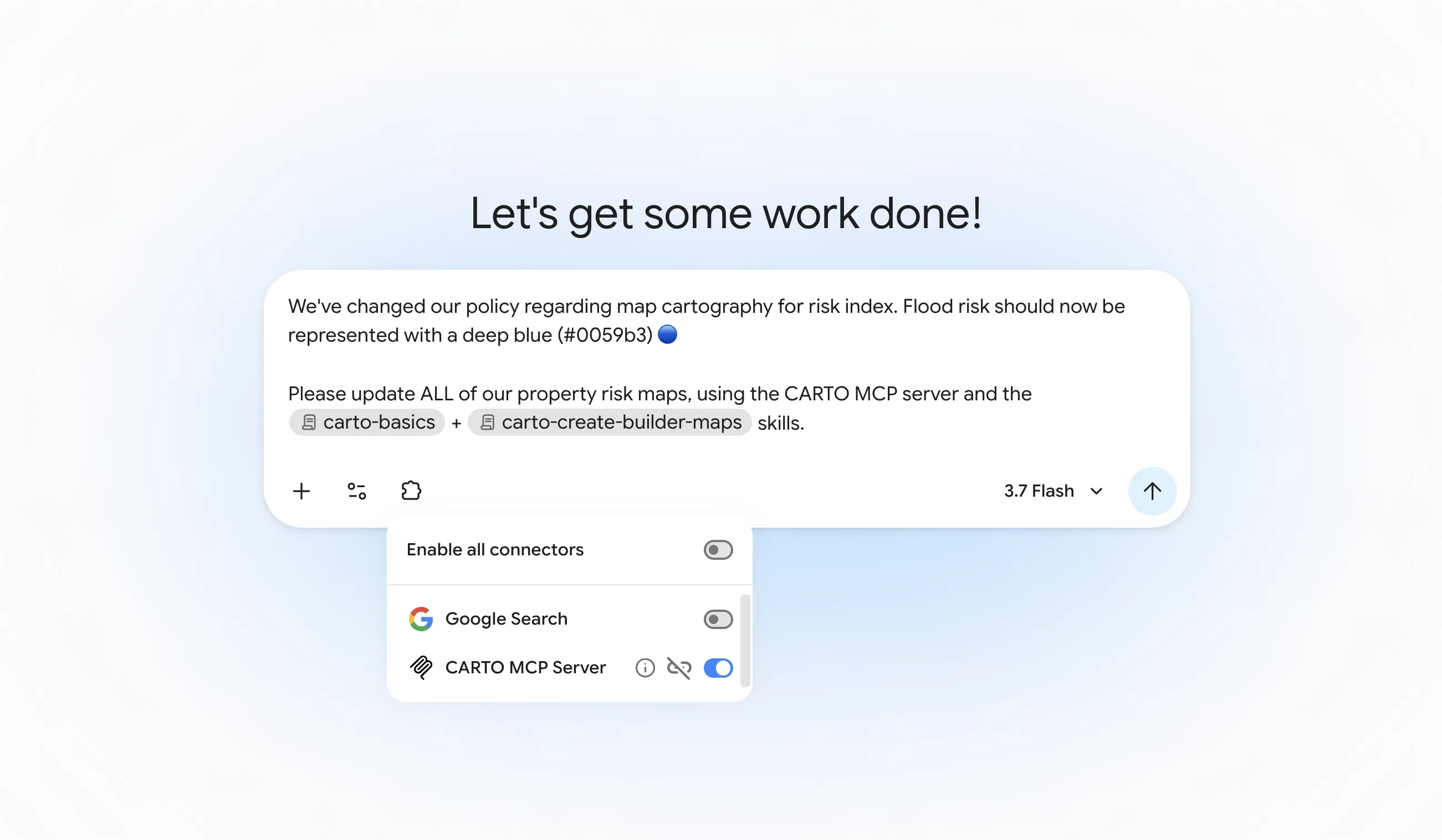 A Gemini Enterprise prompt asking the CARTO MCP Server to update all property risk maps to a new cartography policy
