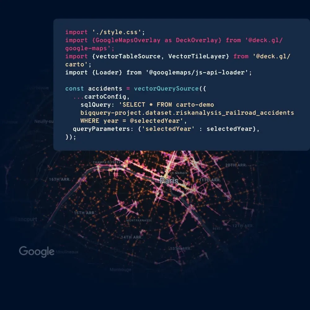 deck.gl and CARTO code rendering a BigQuery dataset on Google Maps