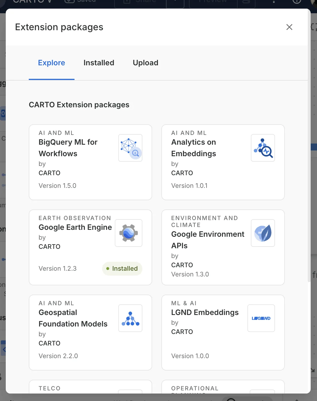 CARTO extension packages for BigQuery including BigQuery ML, Earth Engine, and foundation models