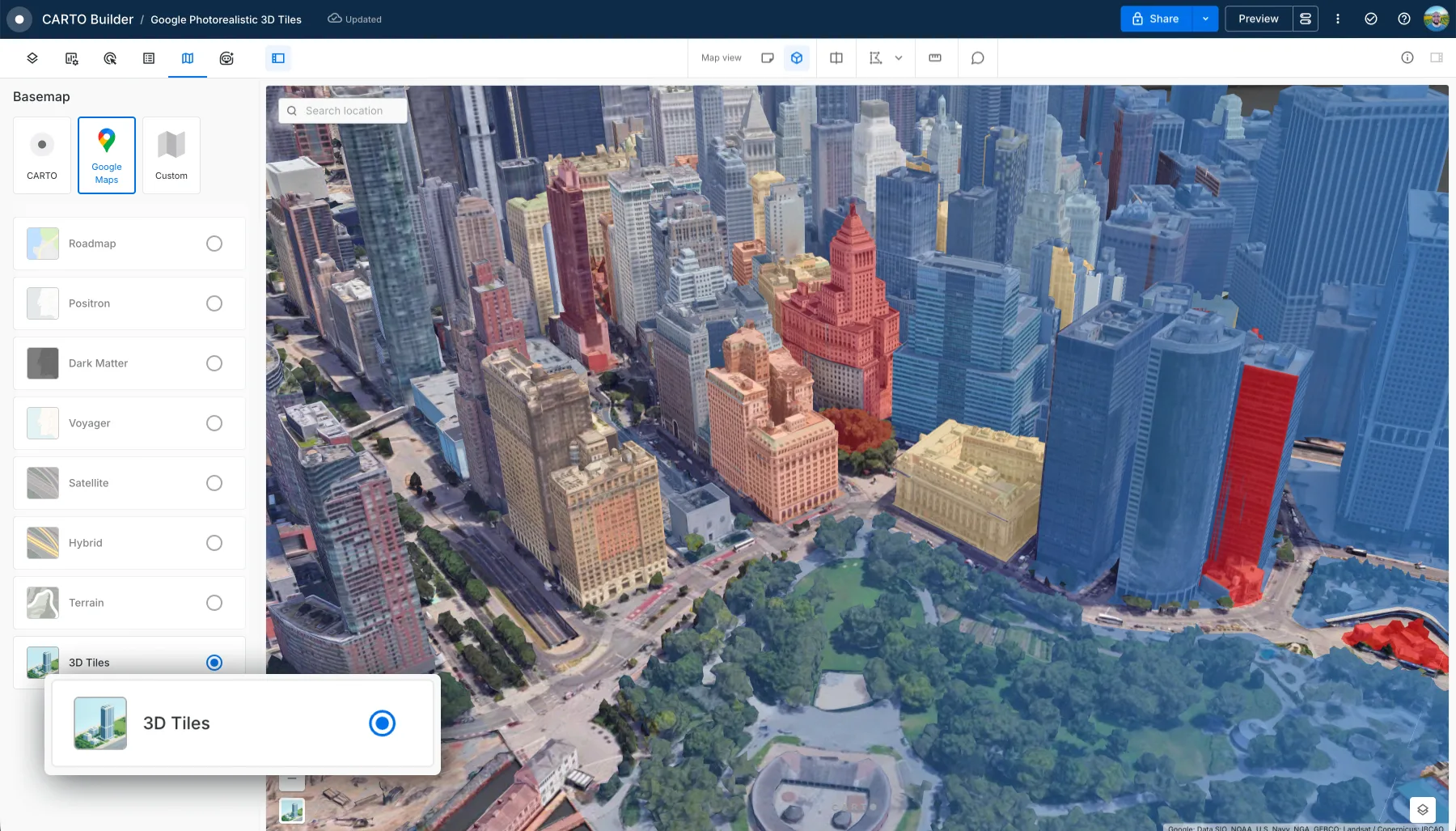 Google Photorealistic 3D Tiles basemap in CARTO Builder on Google Maps Platform