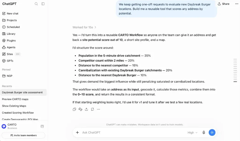 ChatGPT proposing a reusable CARTO Workflow to score potential store locations