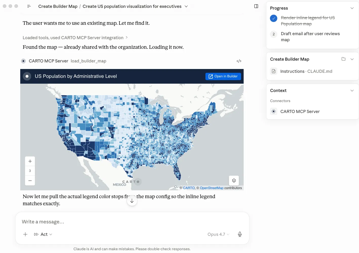 CARTO Builder map created by an AI Agent