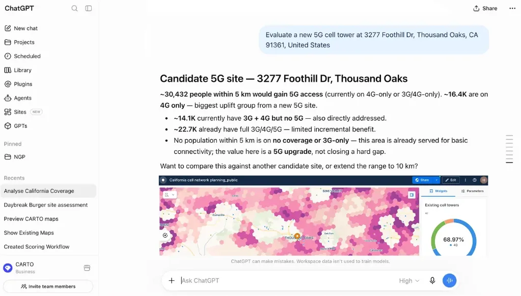 ChatGPT evaluating a candidate 5G cell tower site and returning a live CARTO coverage map