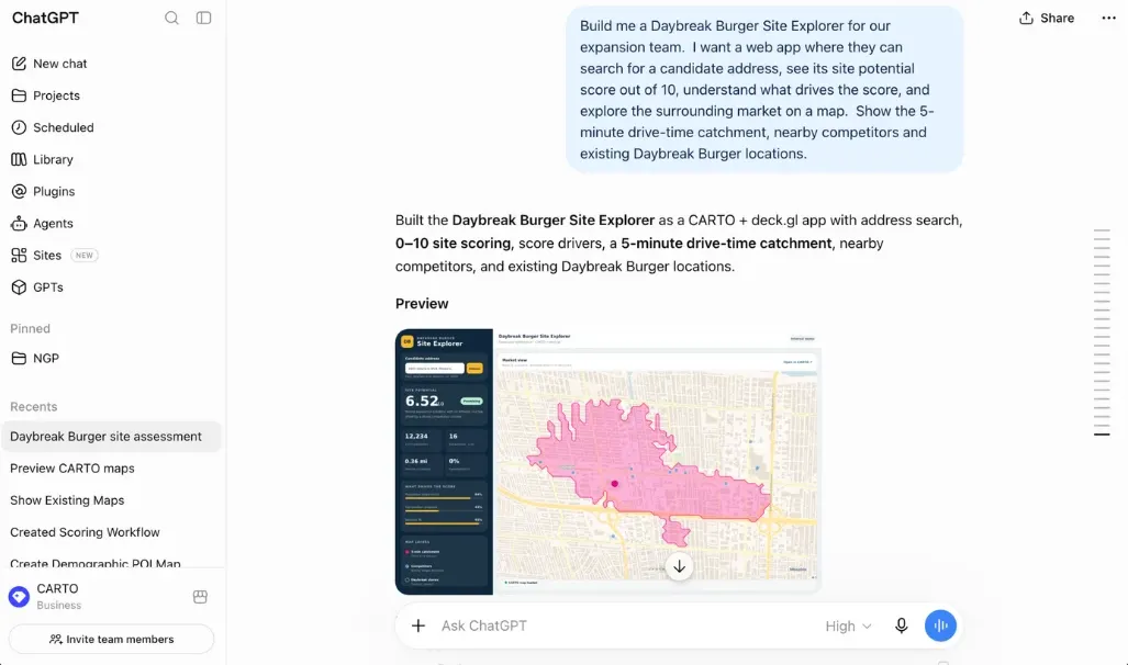 ChatGPT building a Daybreak Burger Site Explorer app, complete with a site-scoring panel and a live CARTO map of the trade area