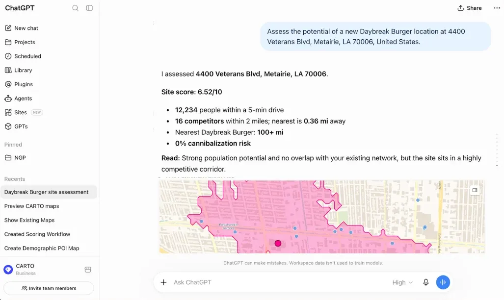 A spatial analysis conversation with a rendered site-selection map, shown inside an agentic platform