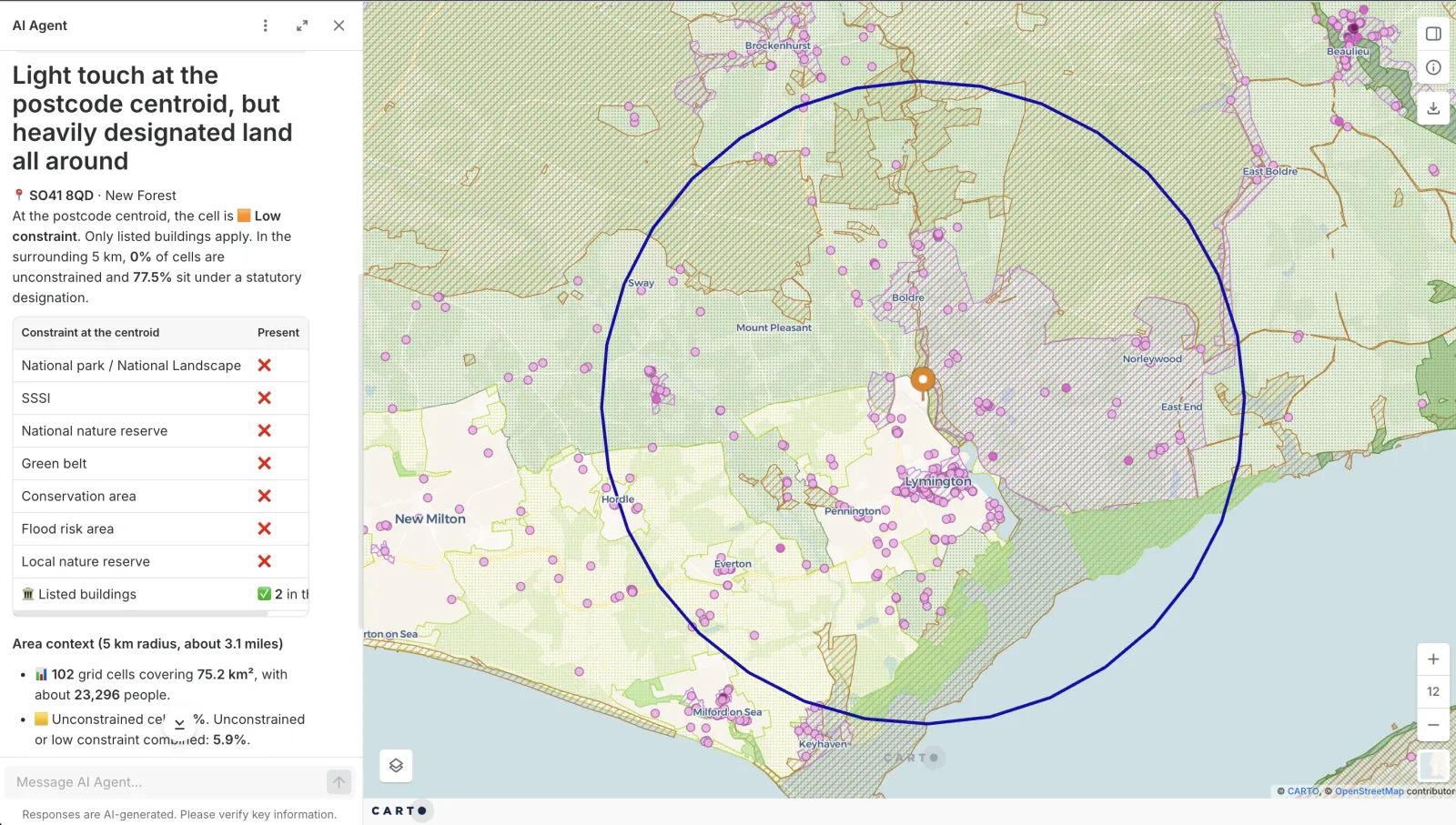 CARTO AI Agent assessing planning constraints for a New Forest postcode, with a 5 km radius map of designated land, listed buildings and a table of constraints at the centroid