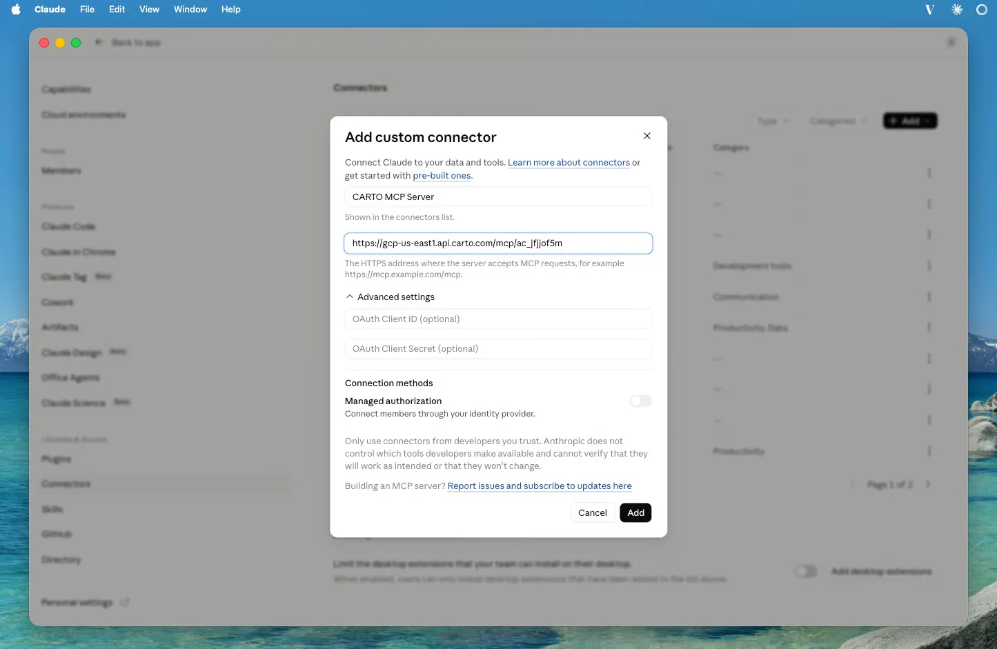 Adding the CARTO MCP Server as a custom connector in Claude's Settings