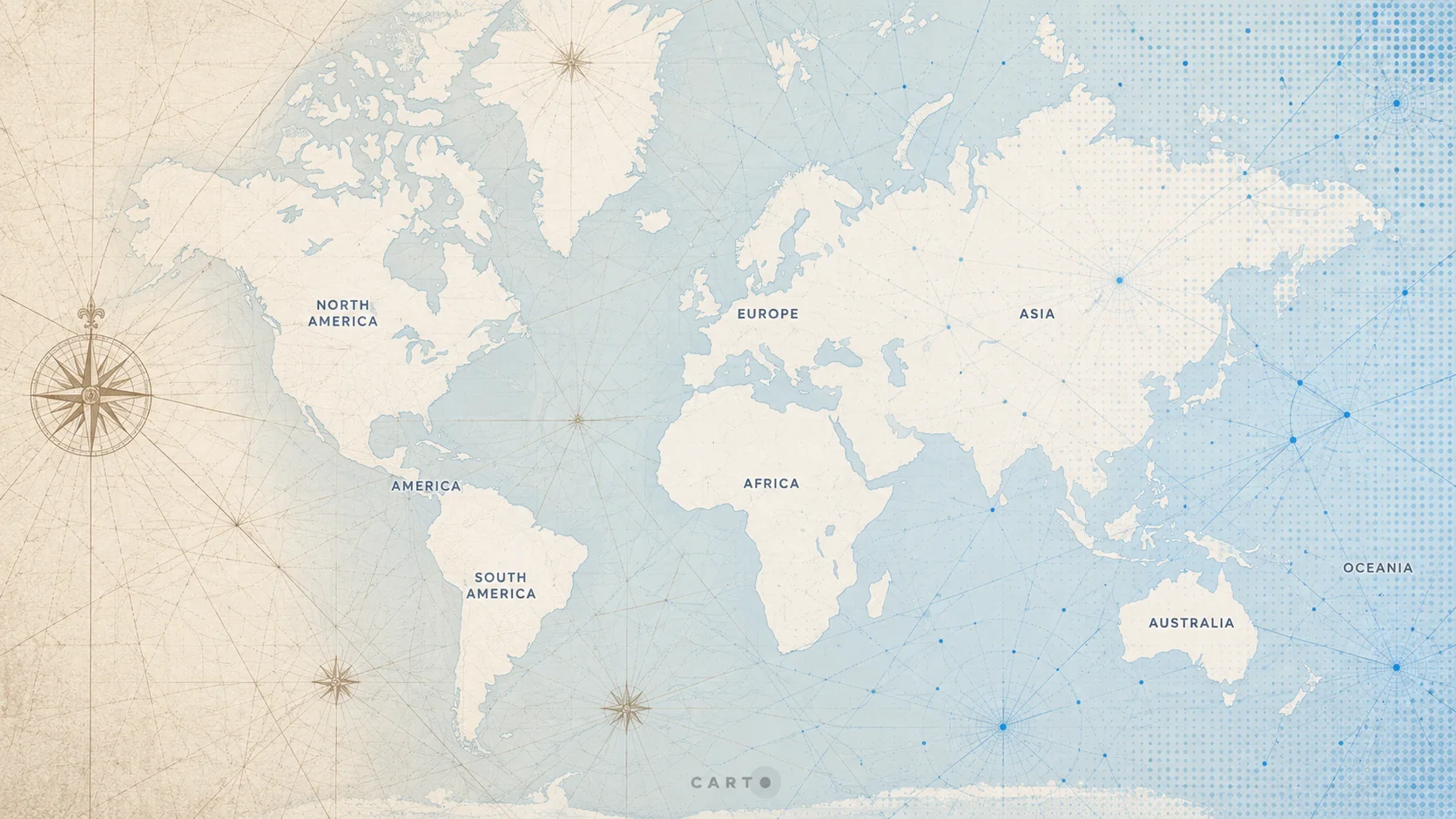 A world map drawn in the style of a portolan chart: parchment and compass roses on the left, dissolving into a blue network of connected data points on the right