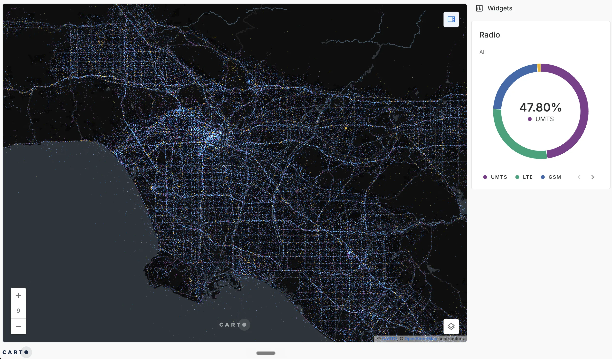 Millions of individual telecom signal points rendered across Los Angeles in CARTO, broken down by network type