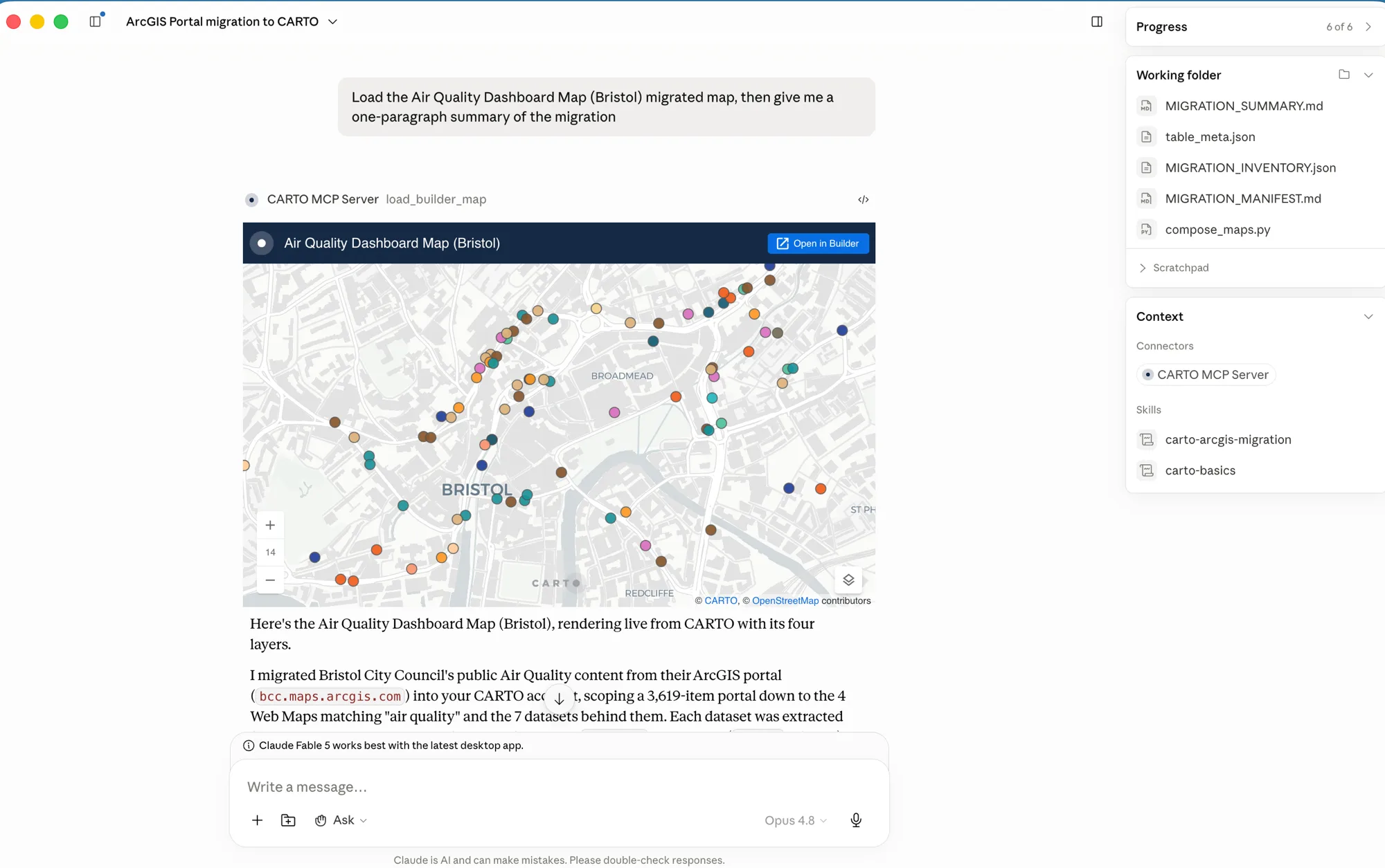 A Bristol air quality web map migrated from ArcGIS Portal and rendered as a CARTO Builder map.
