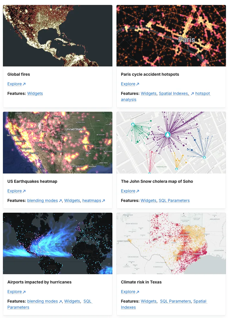 CARTO Map Gallery examples including global fires, Paris cycle accident hotspots, US earthquake heatmap, and climate risk in Texas