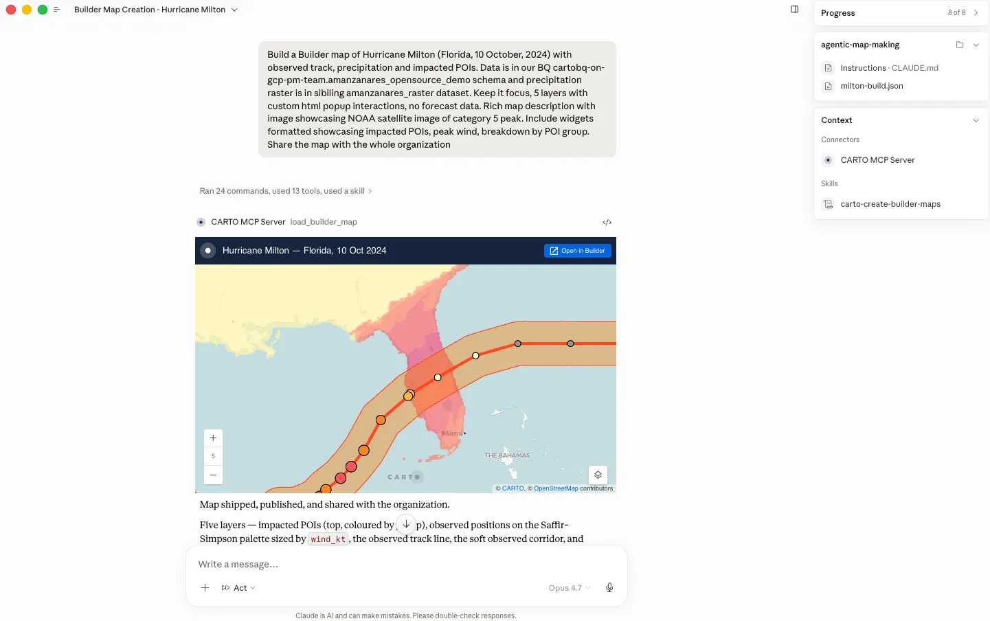 CARTO Builder map created by an AI Agent from a single prompt