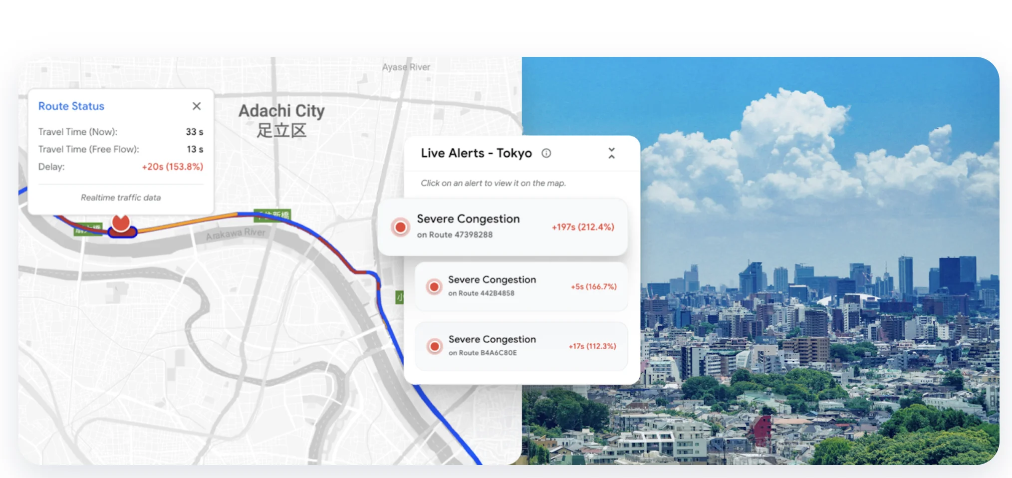 Google Roads Management Insights — live traffic alerts and route status in Tokyo