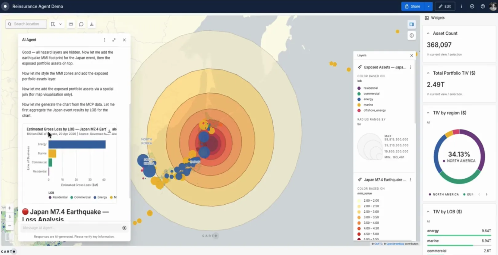 CARTO AI Agent performing reinsurance loss analysis for Japan earthquake event