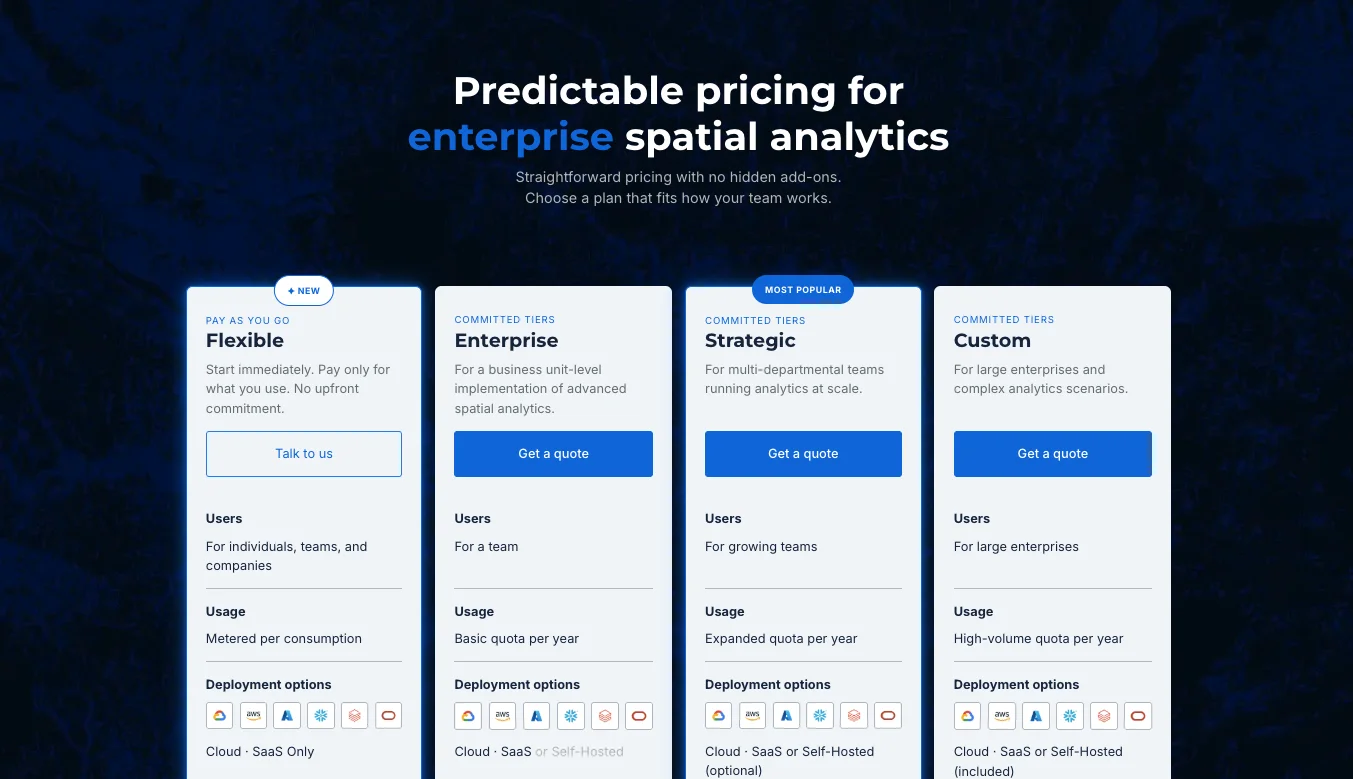 CARTO pricing page showing Flexible, Enterprise, Strategic, and Custom consumption-based plans
