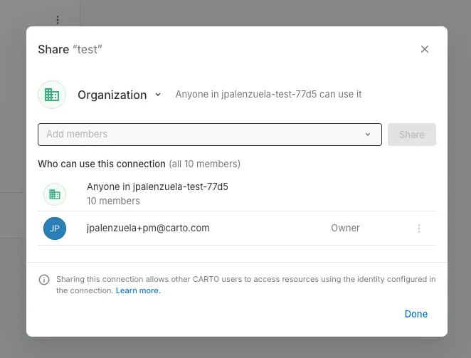 Sharing a connection with specific users and groups in CARTO